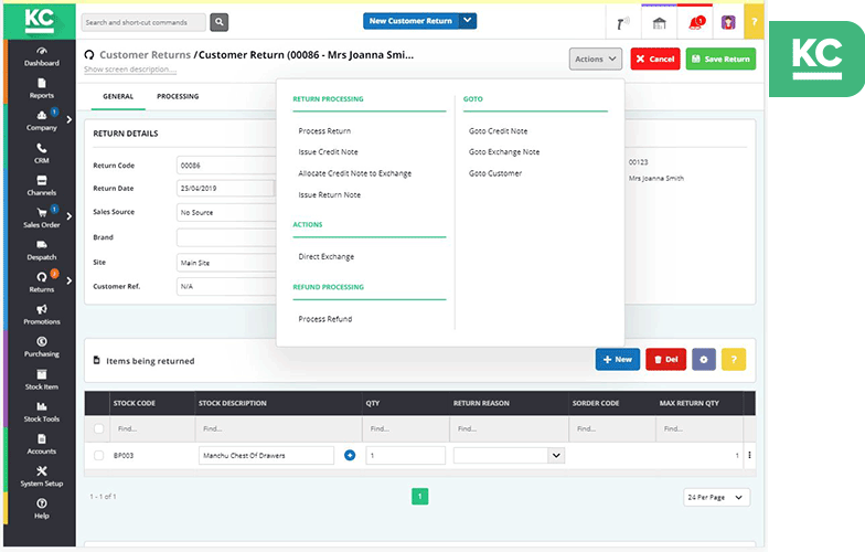 A screenshot of a returns detail screen in Khaos Control Cloud with the actions menu open