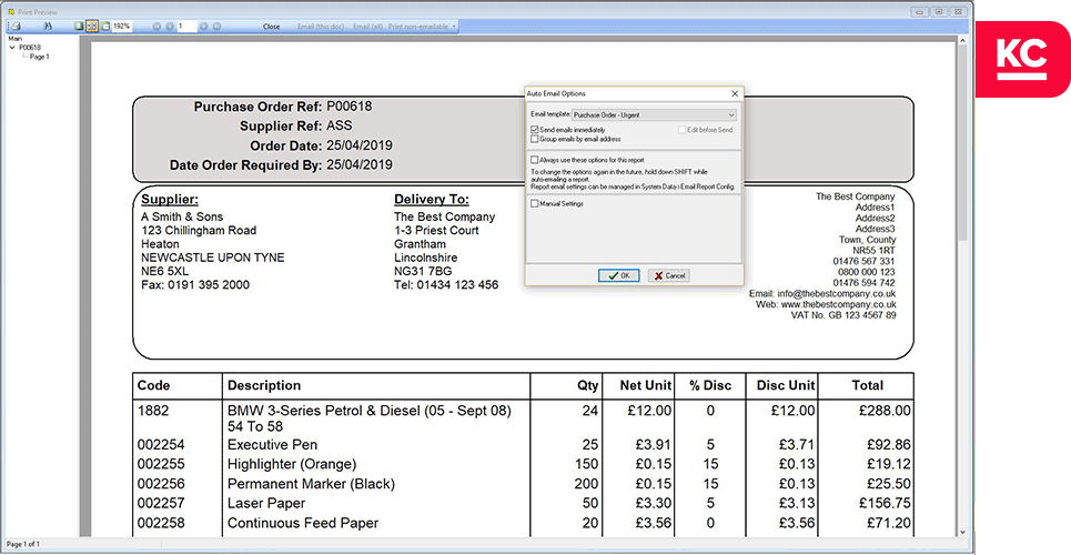 A screenshot showing an invoice email in Khaos Control with the options popup for automating email sending over it