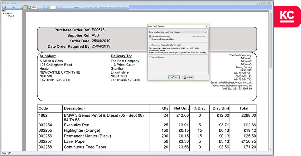 A screenshot showing an invoice email in Khaos Control with the options popup for automating email sending over it