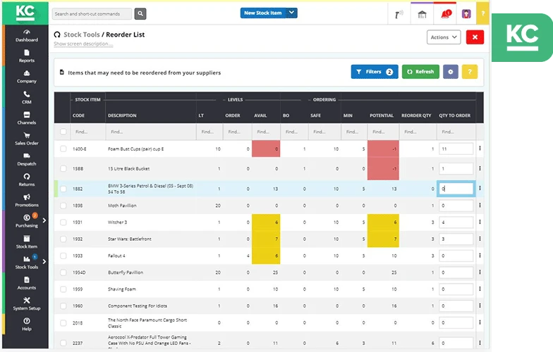 A screenshot showing the reorder list screen in Khaos Control Cloud