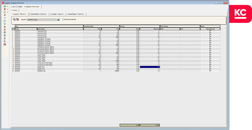 A screenshot of the supplier price list screen in Khaos Control