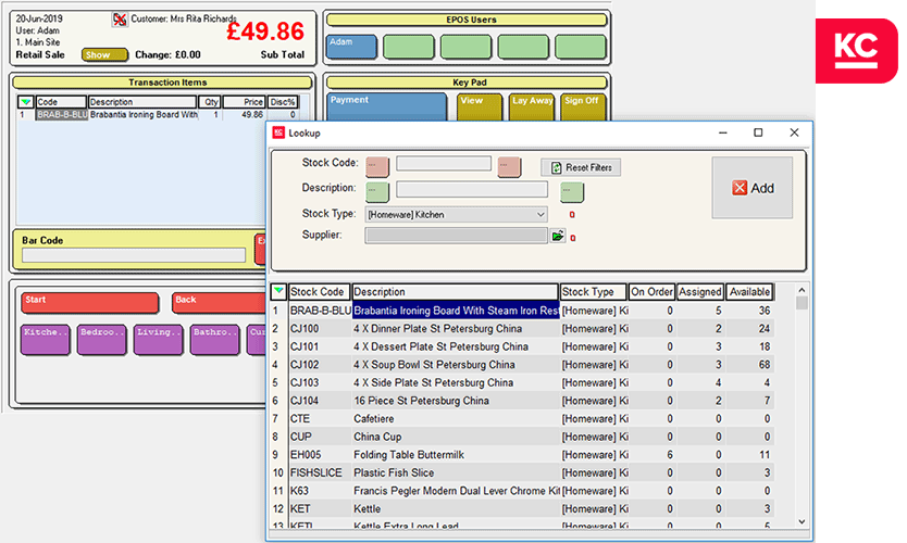 A screenshot of the epos screen in Khaos Control including the stock lookup popup