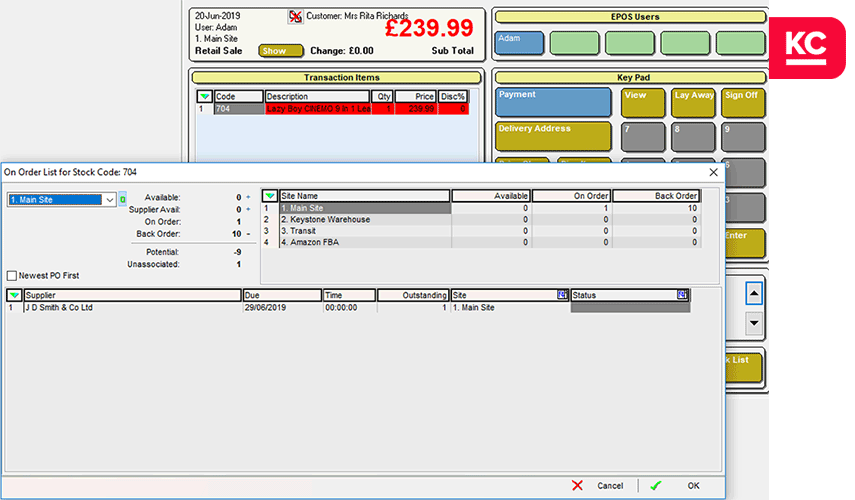 A screenshot of the epos screen in Khaos Control including the stock on order popup