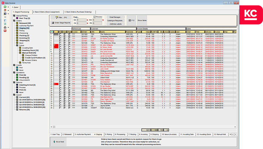 Staging screen within the sales invoice manager of khaos control