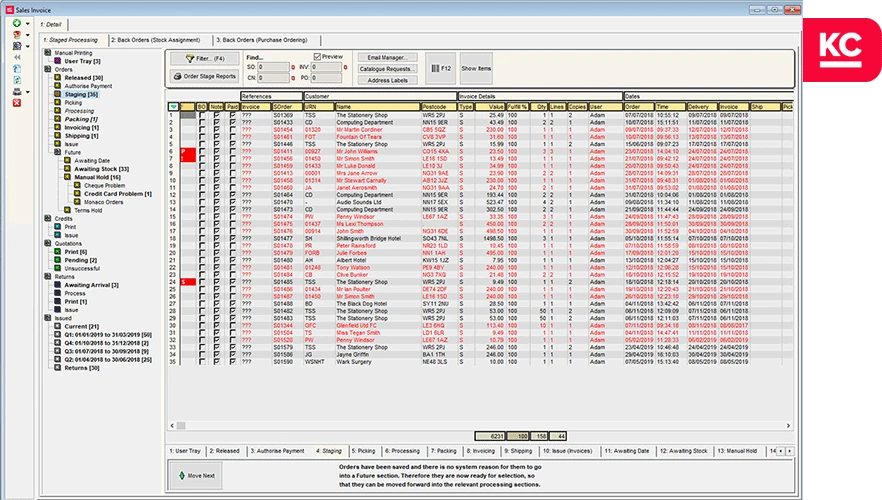 Staging screen within the sales invoice manager of khaos control