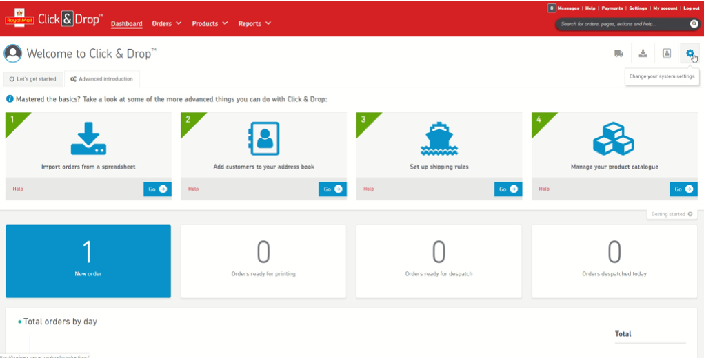 A screenshot of Royal Mail Click & Drop's account screen