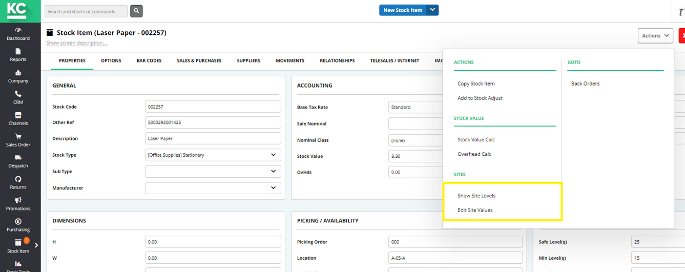 Screenshot of Khaos Control Cloud's site override options for a stock item