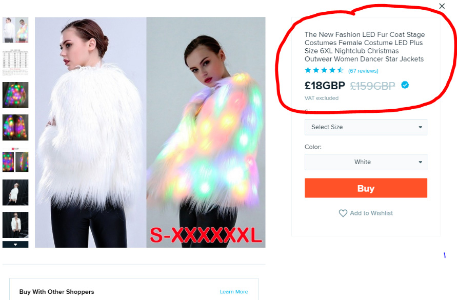 Item listing of a woman wearing a fluffy jacket and the price circled in red