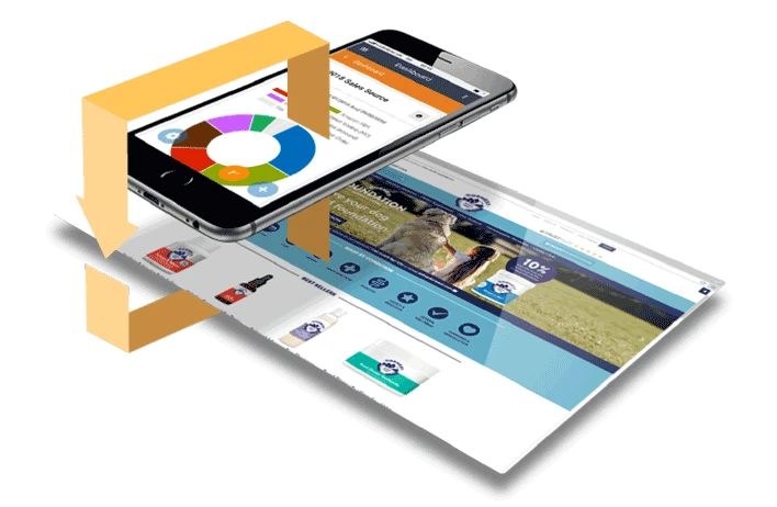 Mobile showing the dashboard of khaos control cloud linked to a website with an arrow going through them both