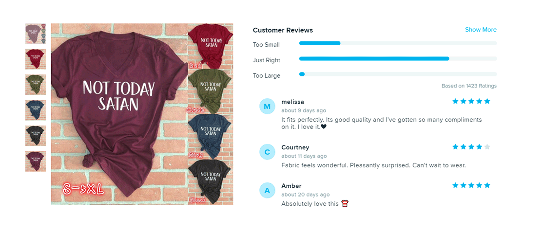 A screenshot showing a t-shirt product on a website with customer reviews next to it