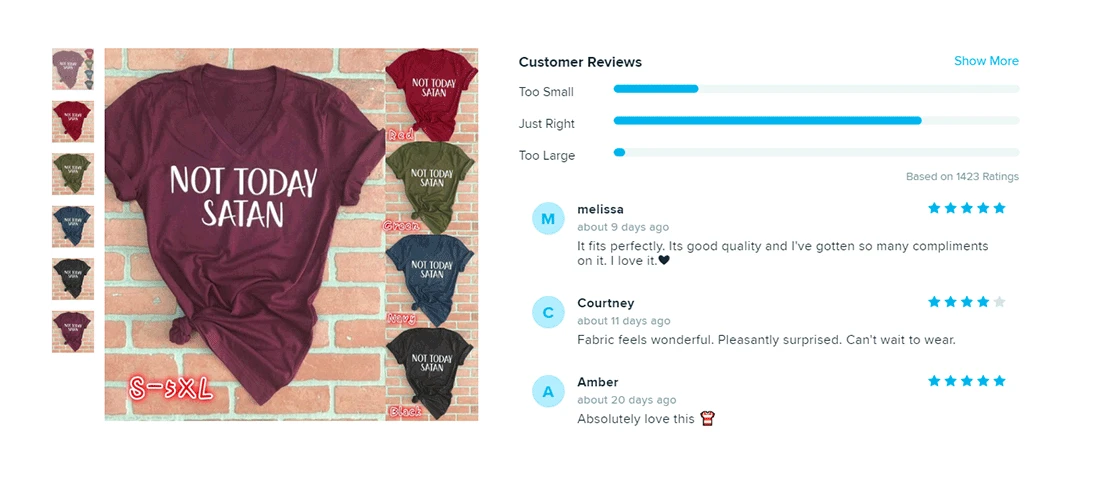 A screenshot showing a t-shirt product on a website with customer reviews next to it