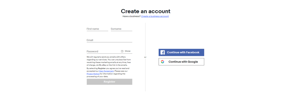 A screenshot of the Facebook account registration page