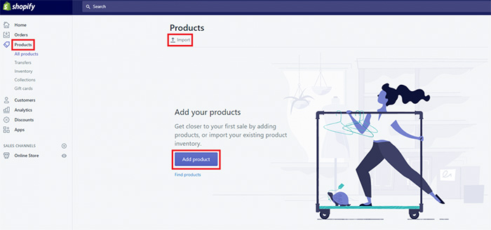 Products section of the shopify dashboard