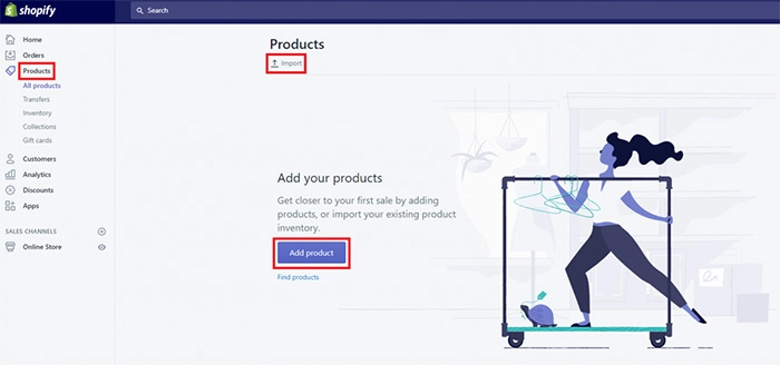 Products section of the shopify dashboard
