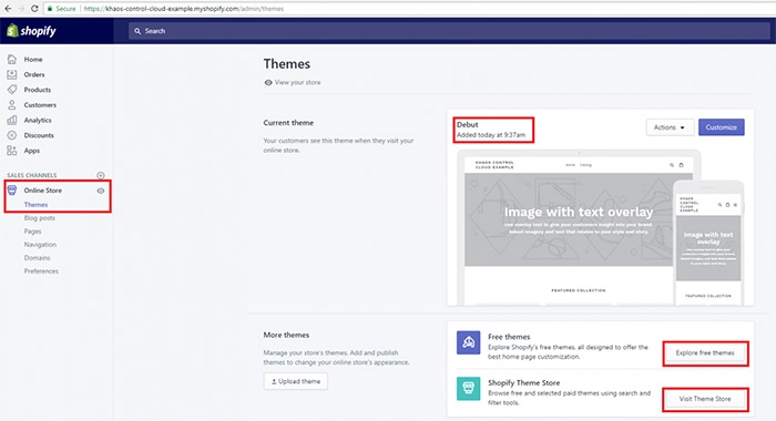 shopify dashboard with elements highlighted with red boxes