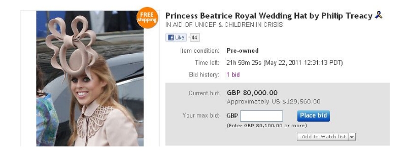 A screenshot of the eBay listing for Princess Beatrice's hat