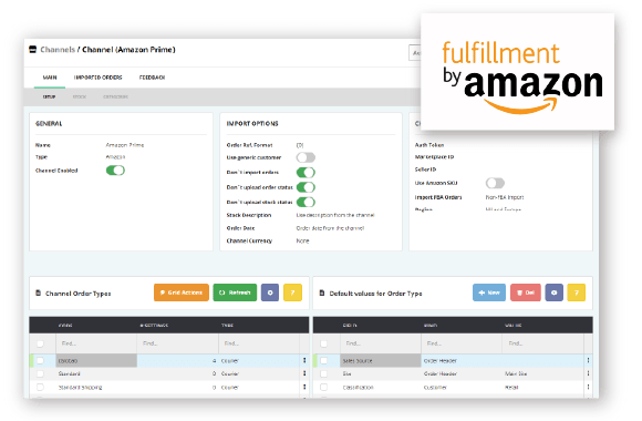 System showing a channels screen with a fulfilment by amazon logo