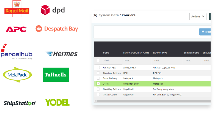 courier management software showing a list of couriers surrounded by multiple courier logos