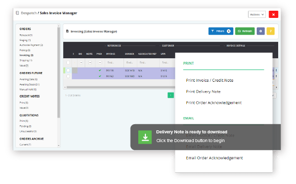 A screen displaying the download of a delivery note within the system