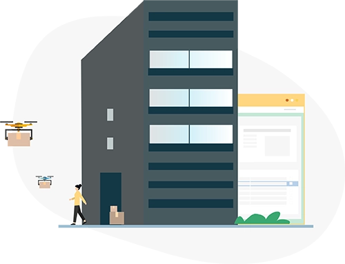 A building with a lady walking out of a door and a pair of drones delivering packages