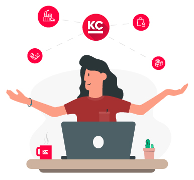 Illustration of a person behind a laptop and holding her hands out with the KC icon hovering above her their head