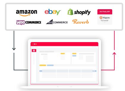 Graphic of a laptop displaying Khaos Control with various logos hovering above with arrows going to and from the laptop