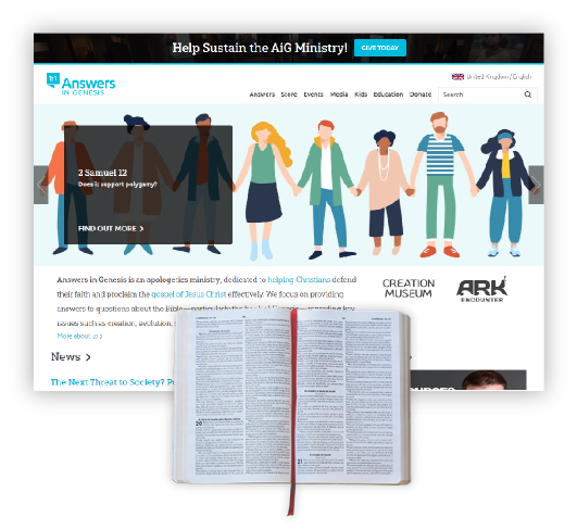 A screenshot of the Answers in Genesis website and a book