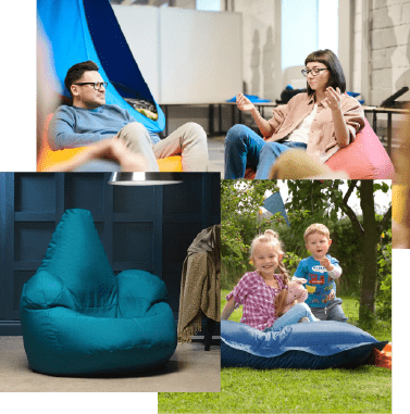 Three overlapping pictures, one of a man and a woman sitting in bean bag chairs, one of just a bean bag chair, and one children sitting on a bean bag outside