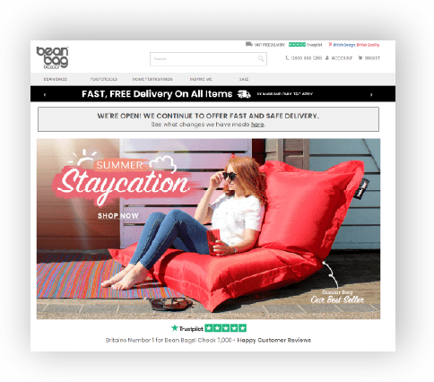 A screenshot of the Bean Bag Bazaar website home page