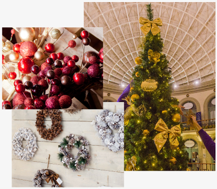 A Christmas tree, wreaths, and other Christmas decorations