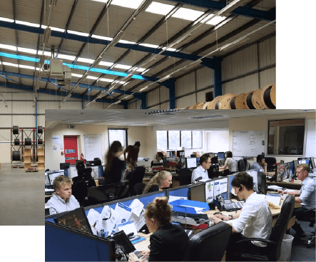 A picture of the Networks Centre warehouse and a picture of staff working in an office space