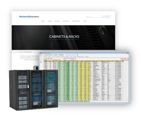 A screenshot of the Networks Centre website as well as a screenshot of the sales summary screen in Khaos Control and an image of a server rack