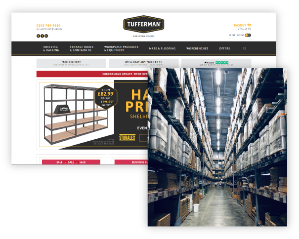 A screenshot of the Tufferman website with the physical warehouse to the right