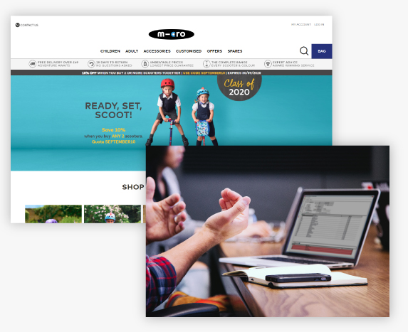 A screenshot of the Micro Scooters website and a person using a laptop in a meeting