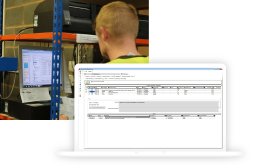 Warehouse staff looking up a sales order on a computer and a screenshot of the Credit Notes screen in Khaos Control