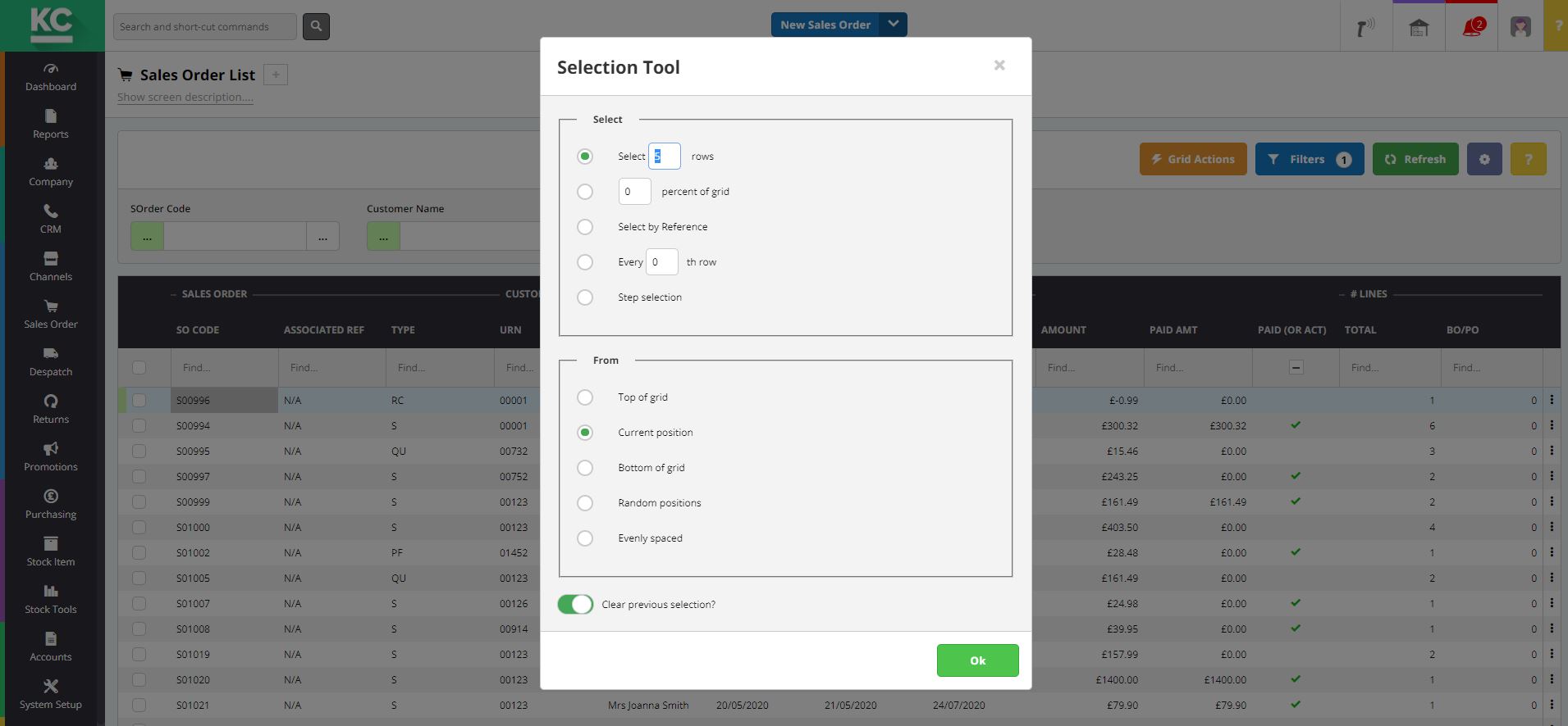 A screenshot showing the selection tool popup in the sales order list, in Khaos Control Cloud