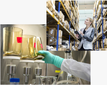 An image showing a person analysing stock on a warehouse shelf with a clipboard. Whilst another hand grabs a beaker off the shelf