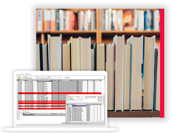 Two images overlapping, one of a stack of books and the other of a laptop showing a screen in Khaos Control