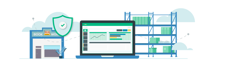 A stylised image of a laptop running Khaos Control Cloud with a set of racking and boxes behind it on one side and a shop on the other