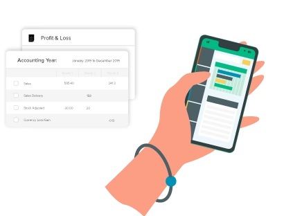 A hand holding a mobile phone and using a system to view accounts reports