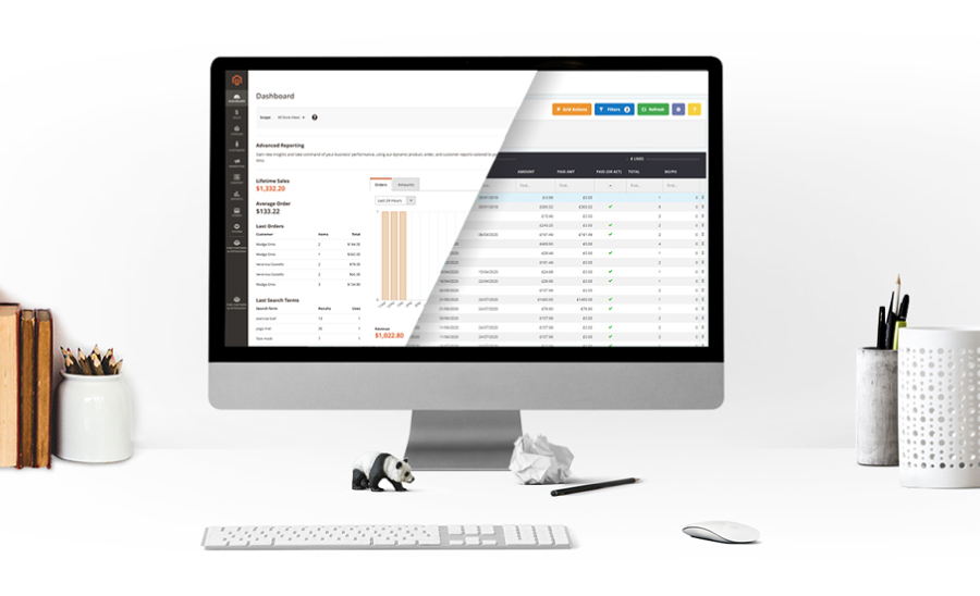 Computer on a desk with the screen displaying magento dashboard and khaos control cloud