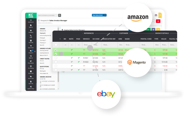 a stylised image of a laptop with Khaos Control Cloud displayed on the screen, showing the sales invoice management section.