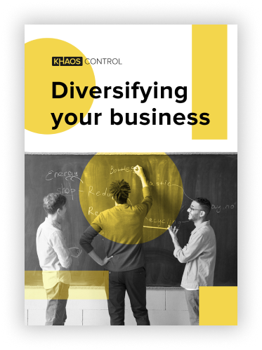 A book-cover style image with the text Diversifying your business on it, as well as image of three men writing on a blackboard