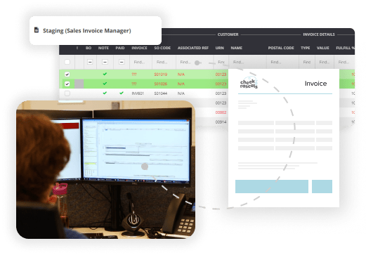 Image of a person sat at a computer screen with graphic elements of an invoice and system screen.