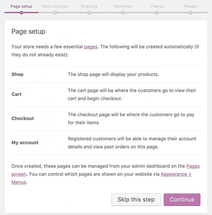 A screenshot of the WooCommerce setup wizard page setup screen