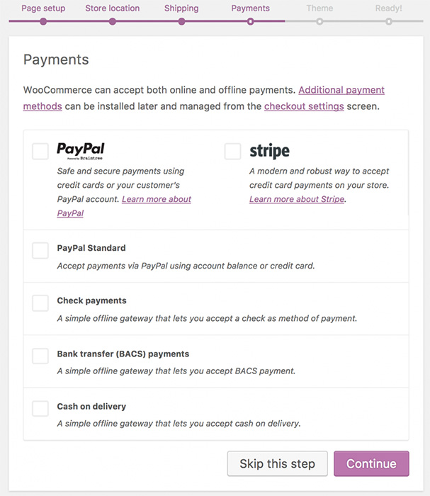 A screenshot of the WooCommerce setup wizard payment method settings