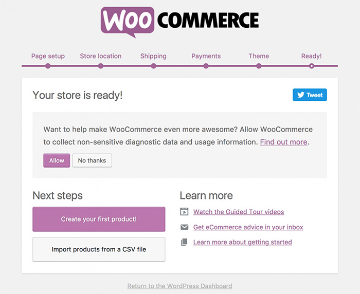 A screenshot of the WooCommerce setup wizard completion screen