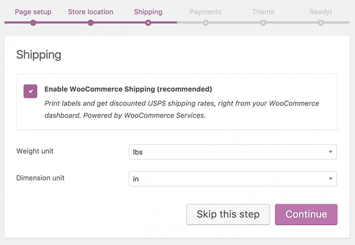 A screenshot of the WooCommerce setup wizard shipping settings