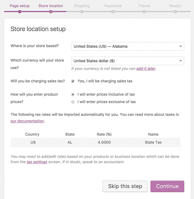 A screenshot of the WooCommerce setup wizard store location settings