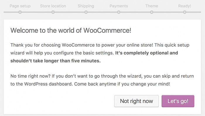 A screenshot of the WooCommerce setup wizard welcome message